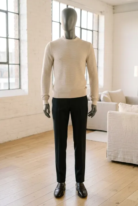 Colombo sweter męski w mikrowaflę z okrągłym dekoltem ecru
