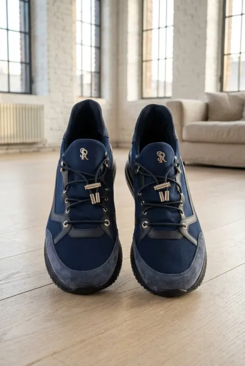 Stefano Ricci sneakersy męskie z monogramem i zamszem granatowe