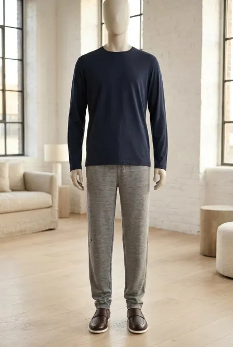 Colombo longsleeve męski gładki z okrągłym dekoltem granatowy
