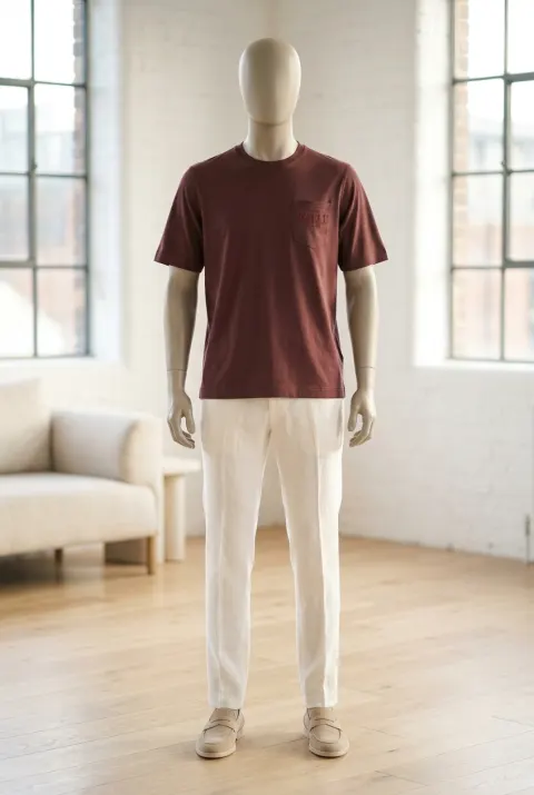 Zilli t-shirt męski gładki z kieszenią i haftem bordowy
