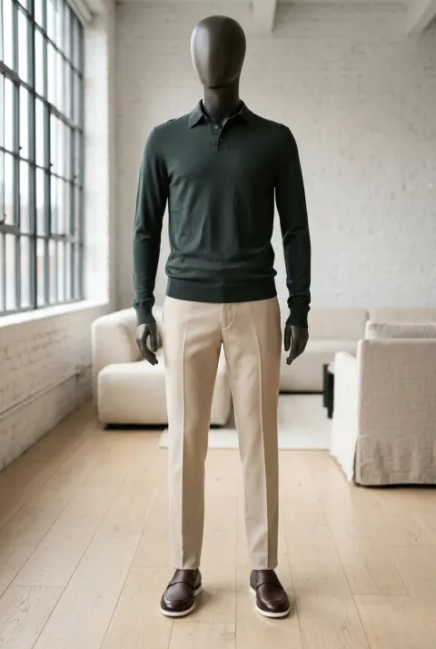 Colombo sweter męski polo gładki na dwa guziki ciemnozielony