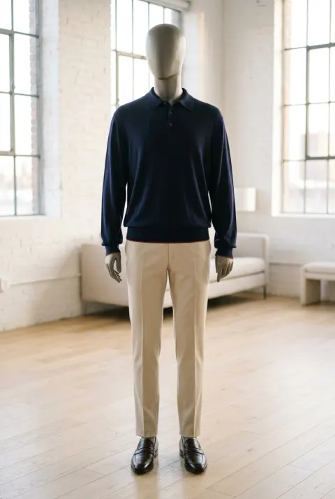 Colombo sweter męski polo z ceglastą lamówką granatowy