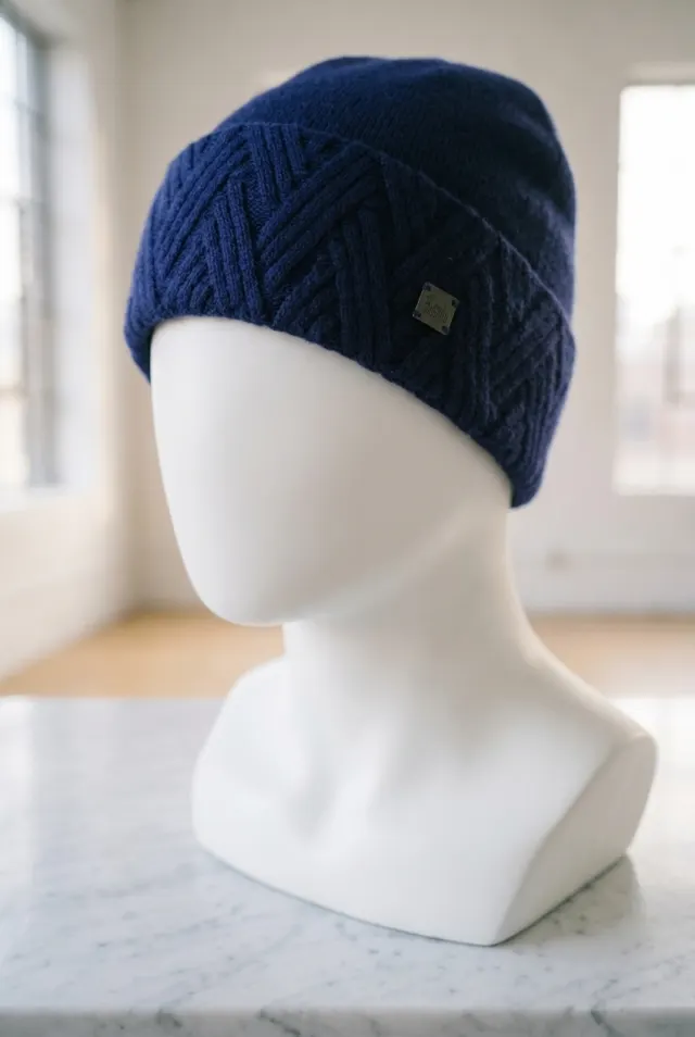 Colombo czapka męska typu beanie z brzegiem w jodełkę granatowa