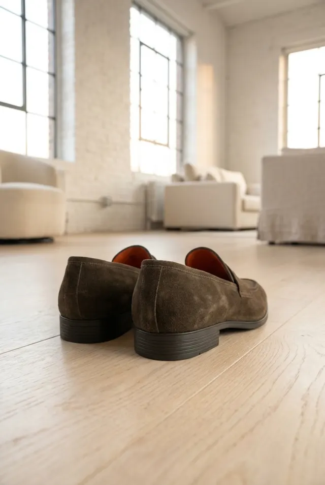 Santoni mokasyny męskie typu penny z zamszową fakturą oliwkowe