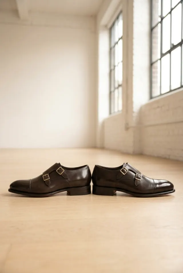 Santoni monki męskie cieniowane z dwiema klamrami ciemnobrązowe