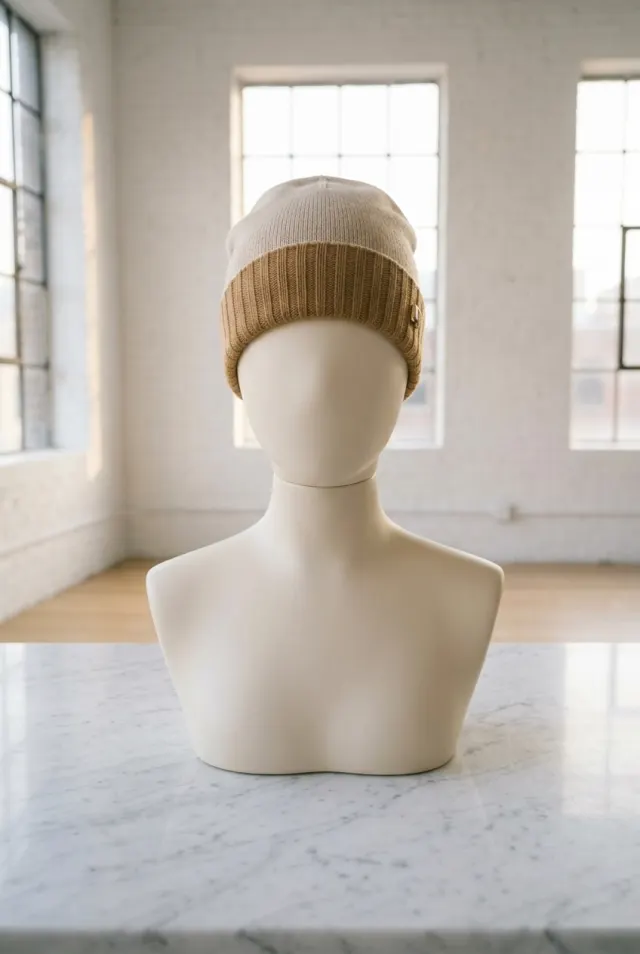 Colombo czapka męska beanie gładka z karmelowym ściągaczem beżowa