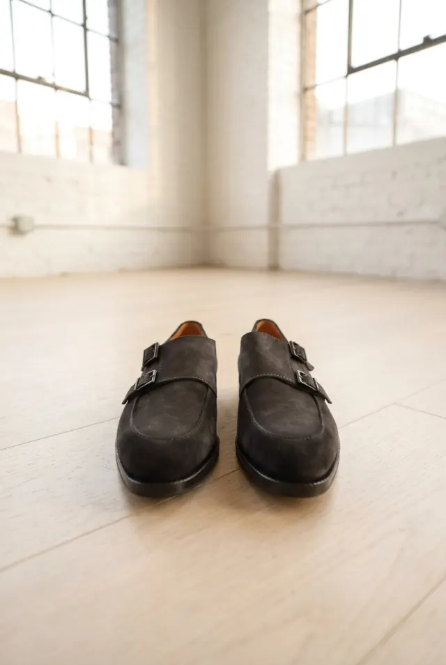 Santoni monki męskie zamszowe z podwójną klamrą ciemnoszare