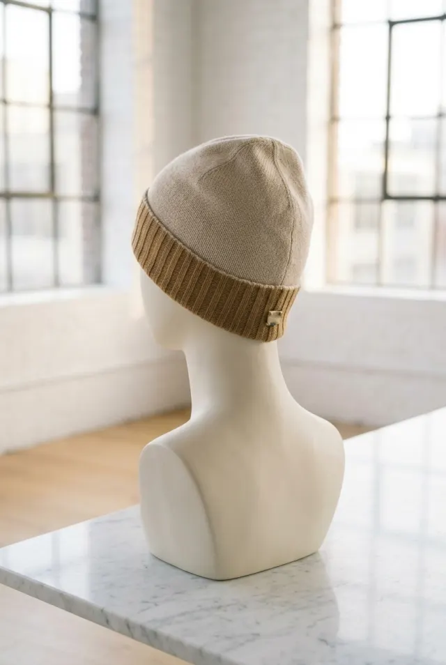 Colombo czapka męska beanie gładka z karmelowym ściągaczem beżowa