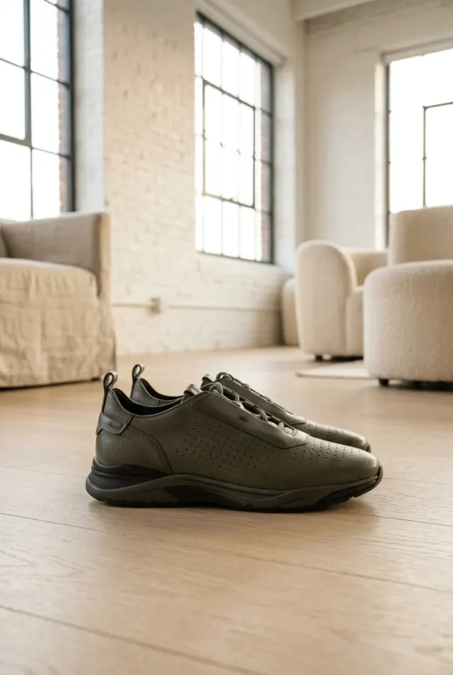 Santoni sneakersy męskie groszkowane perforowane oliwkowe