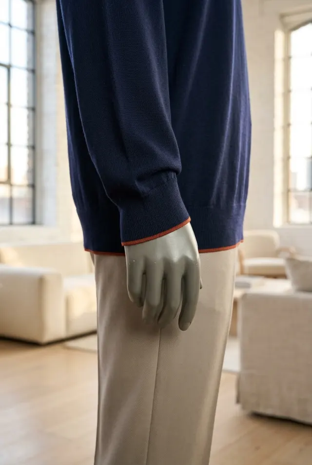 Colombo sweter męski polo z ceglastą lamówką granatowy