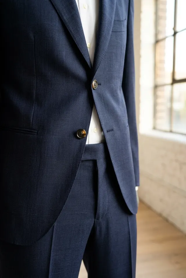 Cesare Attolini men’s suit micro-pattern half-lined navy