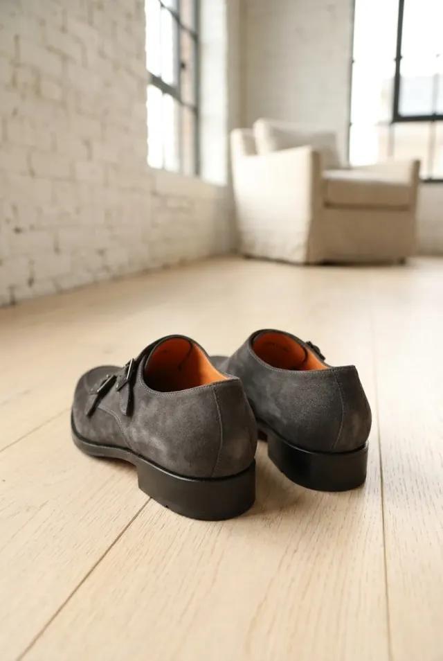 Santoni monki męskie zamszowe z podwójną klamrą ciemnoszare