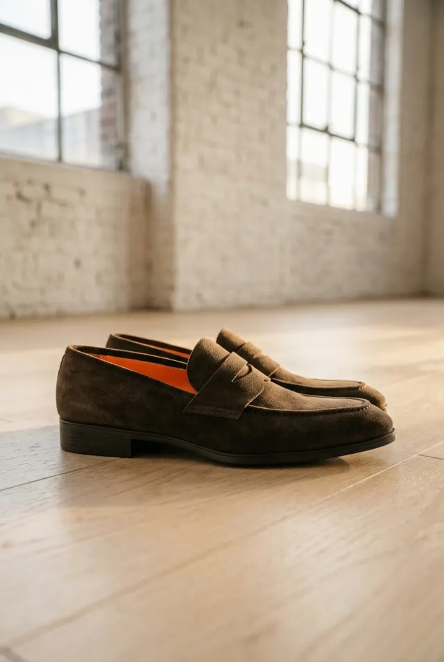 Santoni mokasyny męskie typu penny z zamszową fakturą oliwkowe