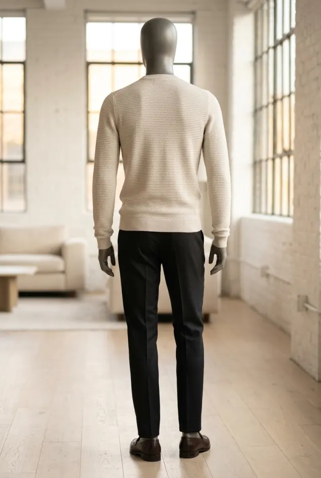 Colombo sweter męski w mikrowaflę z okrągłym dekoltem ecru