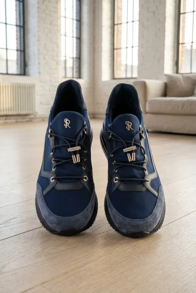 Stefano Ricci sneakersy męskie z monogramem i zamszem granatowe