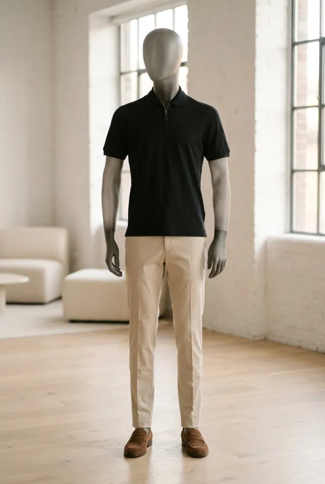 Canali t-shirt męski wełniany w kroju polo z półzamkiem granatowy