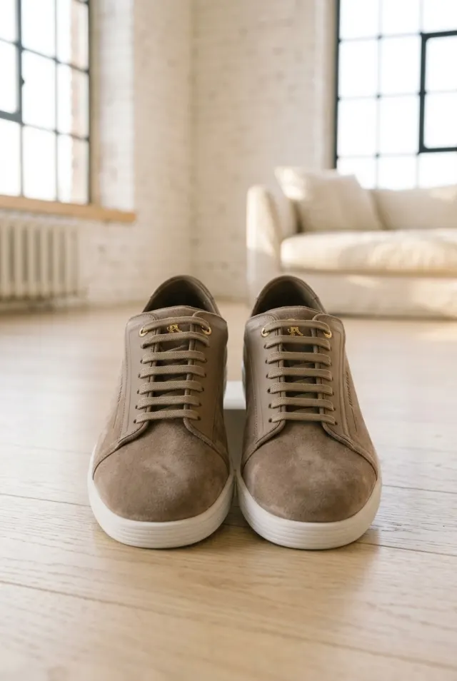Stefano Ricci sneakersy męskie zamszowe z monogramem beżowe