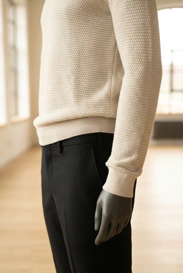 Colombo sweter męski w mikrowaflę z okrągłym dekoltem ecru