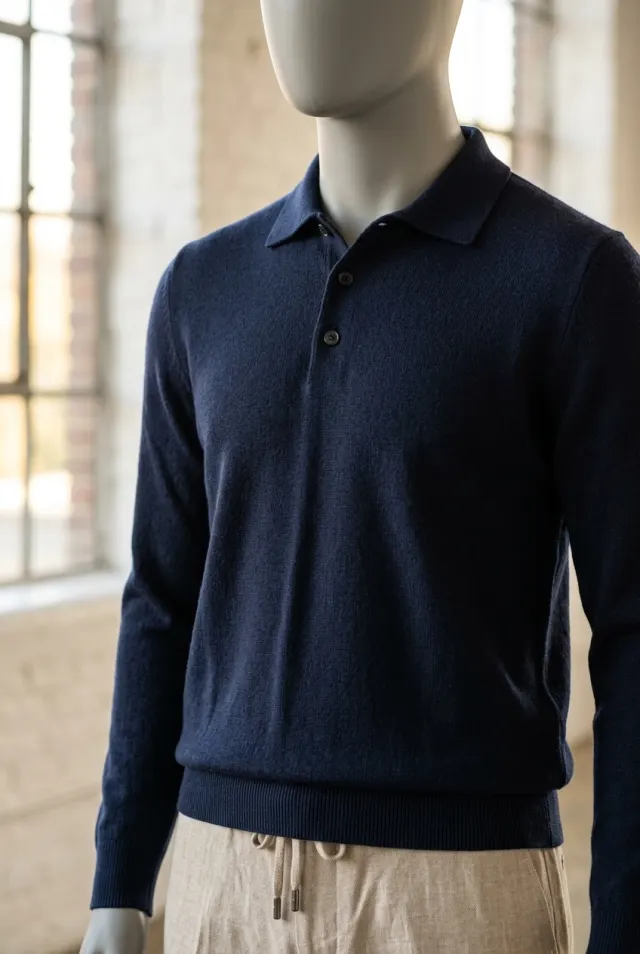 Colombo sweter męski gładki z kołnierzem polo granatowy