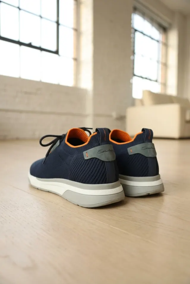 Santoni sneakersy męskie przewiewne z zielonym panelem granatowe