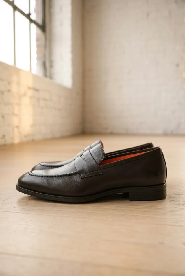Santoni mokasyny męskie z paskiem penny i szwem na nosku brązowe