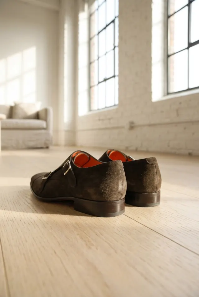 Santoni monki męskie zamszowe z noskiem cap toe szarobrązowe