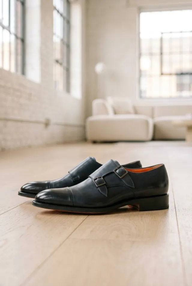Santoni monki męskie z podwójną klamrą cap toe granatowe