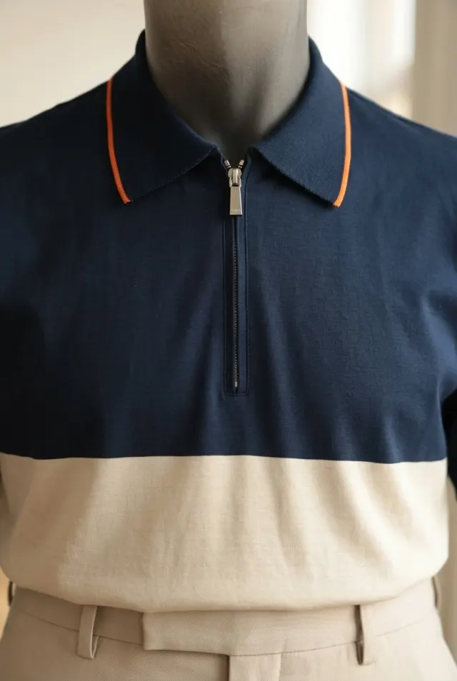 MooRER t-shirt męski bawełniany z półsuwakiem granatowo-beżowy