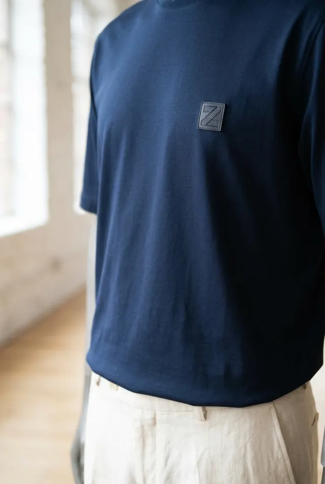 Zilli T-shirt męski gładki z lamówką i monogramem granatowy