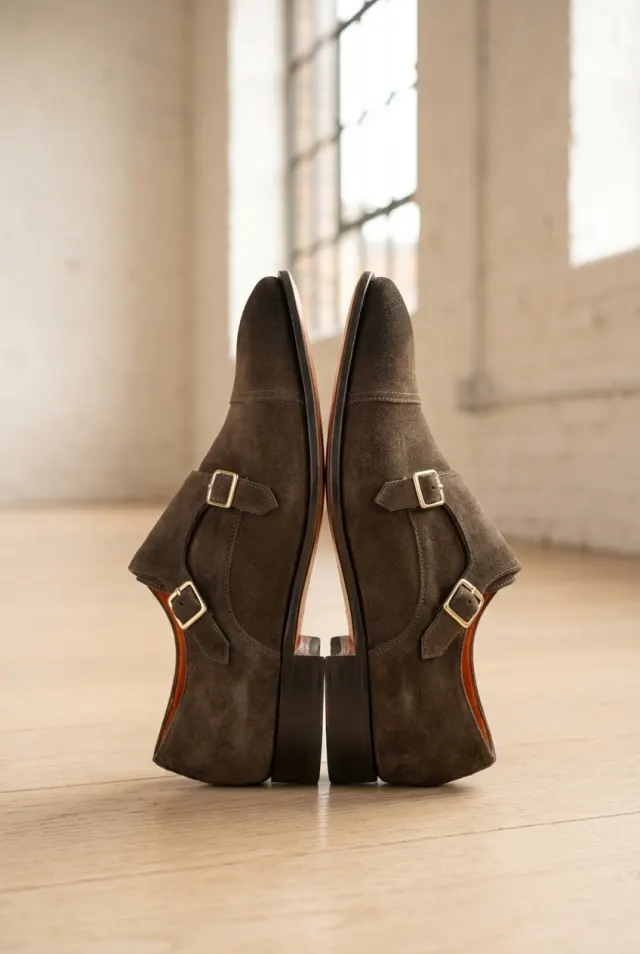 Santoni monki męskie zamszowe z noskiem cap toe szarobrązowe
