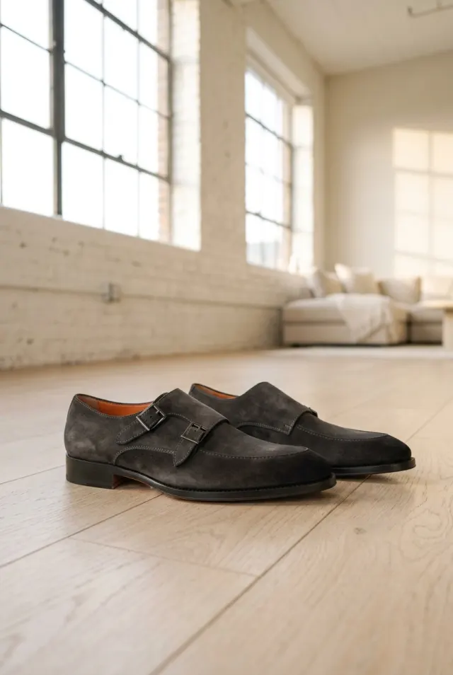 Santoni monki męskie zamszowe z podwójną klamrą ciemnoszare