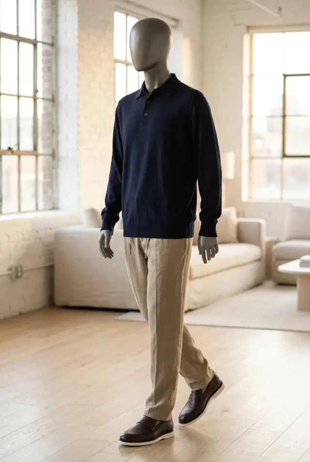 Colombo sweter męski gładki z kołnierzem polo granatowy