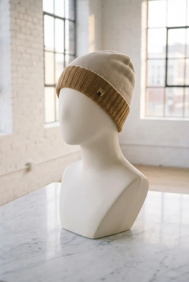 Colombo czapka męska beanie gładka z karmelowym ściągaczem beżowa