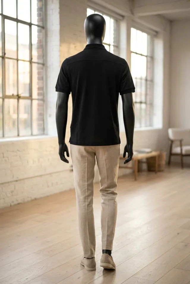 Canali t-shirt męski wełniany w kroju polo z półzamkiem granatowy