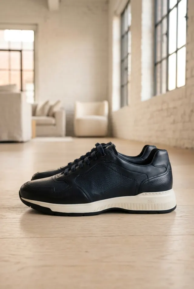 Zilli sneakersy męskie wielopanelowe z białą podeszwą granatowe