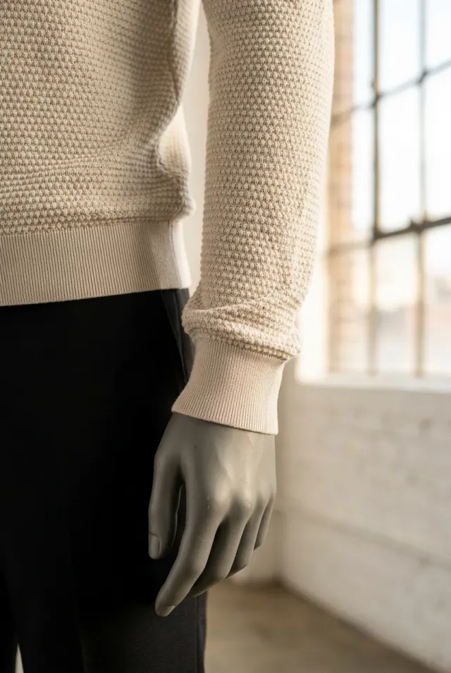 Colombo sweter męski w mikrowaflę z okrągłym dekoltem ecru
