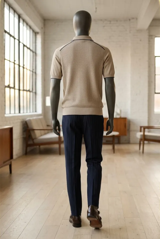 Stefano Ricci sweter męski wełniany polo z fakturą 3D beżowy