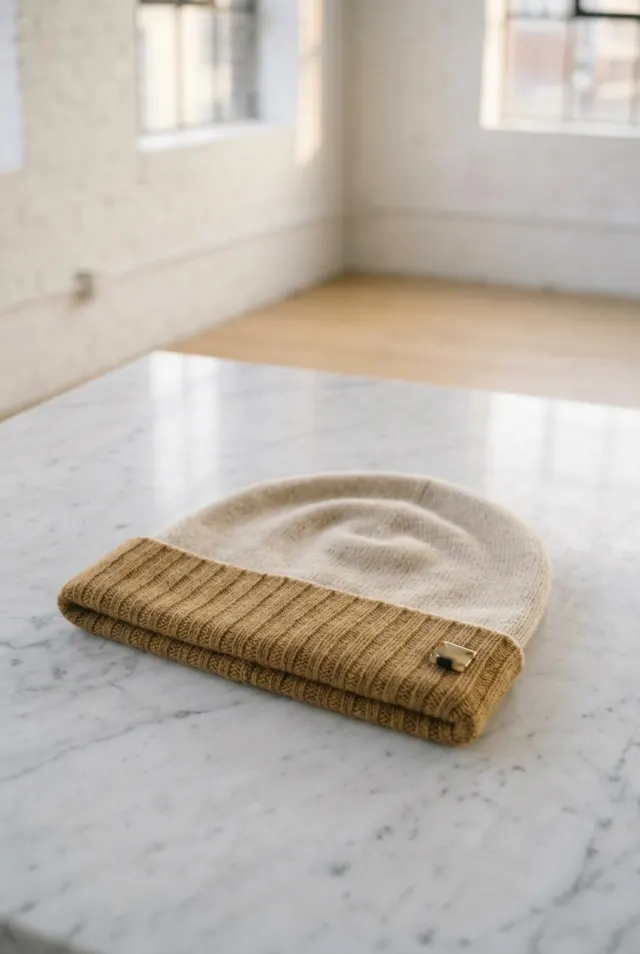Colombo czapka męska beanie gładka z karmelowym ściągaczem beżowa