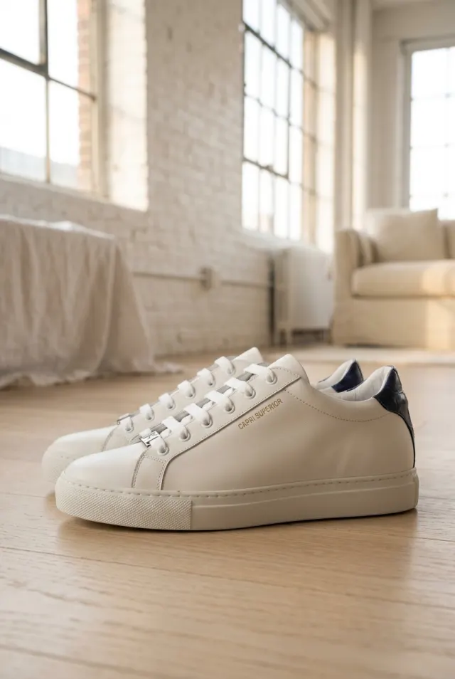 Isaia sneakersy męskie gładkie z granatowym zapiętkiem białe